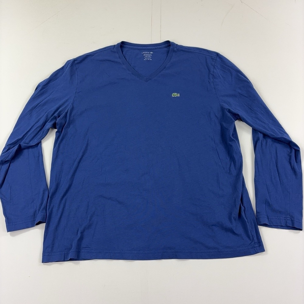 Lacoste Shirt Mens 3XL Blue Long Sleeve Pima Cotton V Neck Tagless Logo Tee